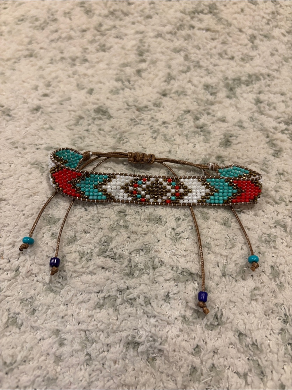 Seed Beaded Turquoise Copper & Red Adjustable Bracelet NWT 7”